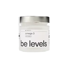 Bote de Belevels Omega 3 con perlas doradas sobre fondo neutro