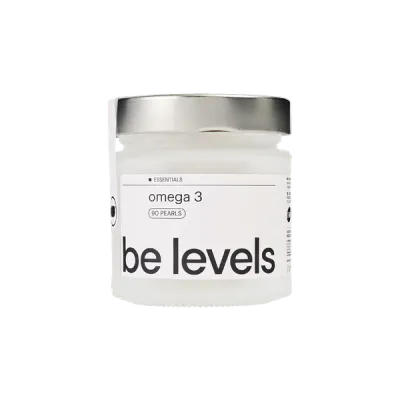 Bote de Belevels Omega 3 con perlas doradas sobre fondo neutro