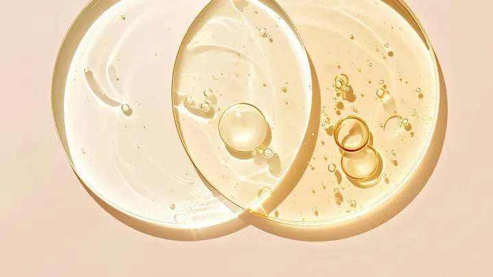 Dos texturas de sérum dorado y transparente solapadas sobre fondo neutro evocando la comparación entre retinal y retinol