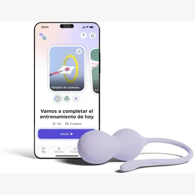 Ejercitador de suelo pélvico Perifit Care+ en color lila junto a un móvil con la app de Perifit en la pantalla de entrenamiento