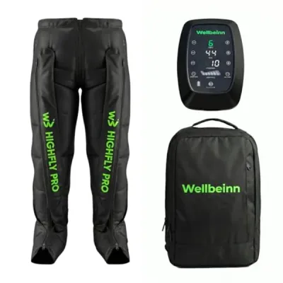 Botas de presoterapia Wellbeinn HighFly Pro hasta la cadera, con su mando de control y la mochila de transporte